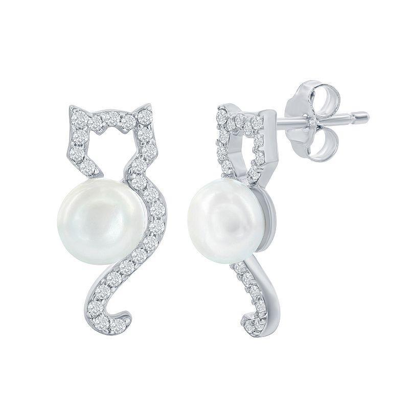 Sterling Silver Cubic Zirconia & Freshwater Cultured Pearl Cat Earrings, Womens, White Product Image