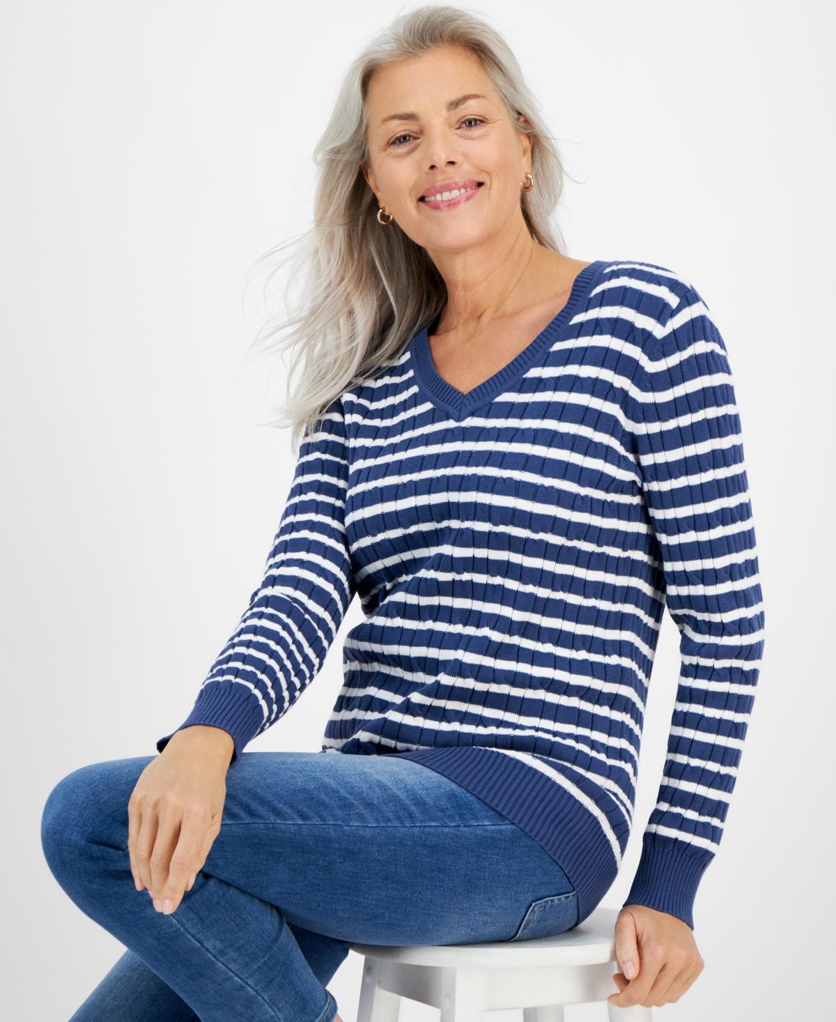 Style & Co Womens Cotton Striped Cable-Knit V-Neck Sweater, Created for Macys Product Image