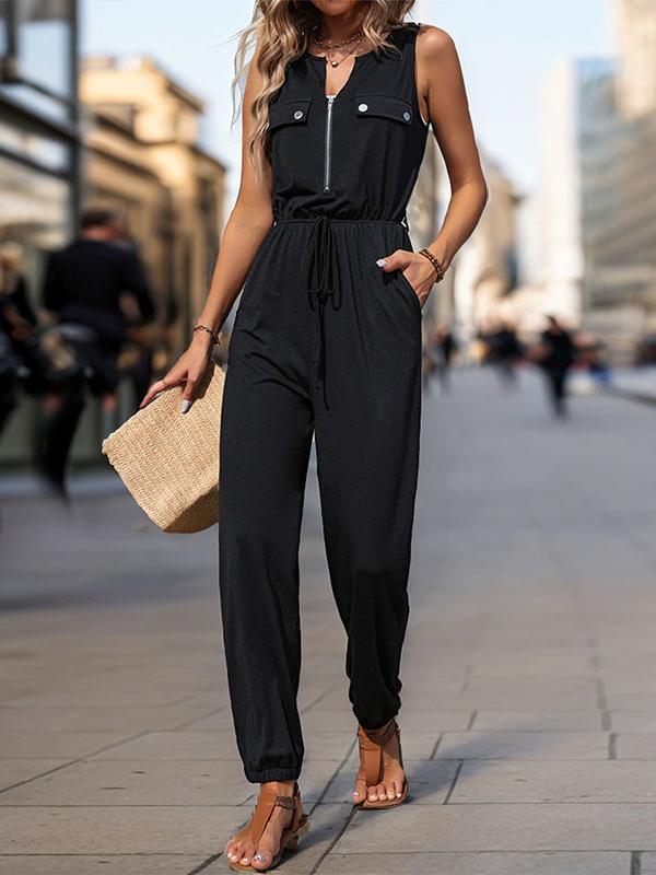 Sleeveless Solid Color Zipper V-Neck Jumpsuits Product Image