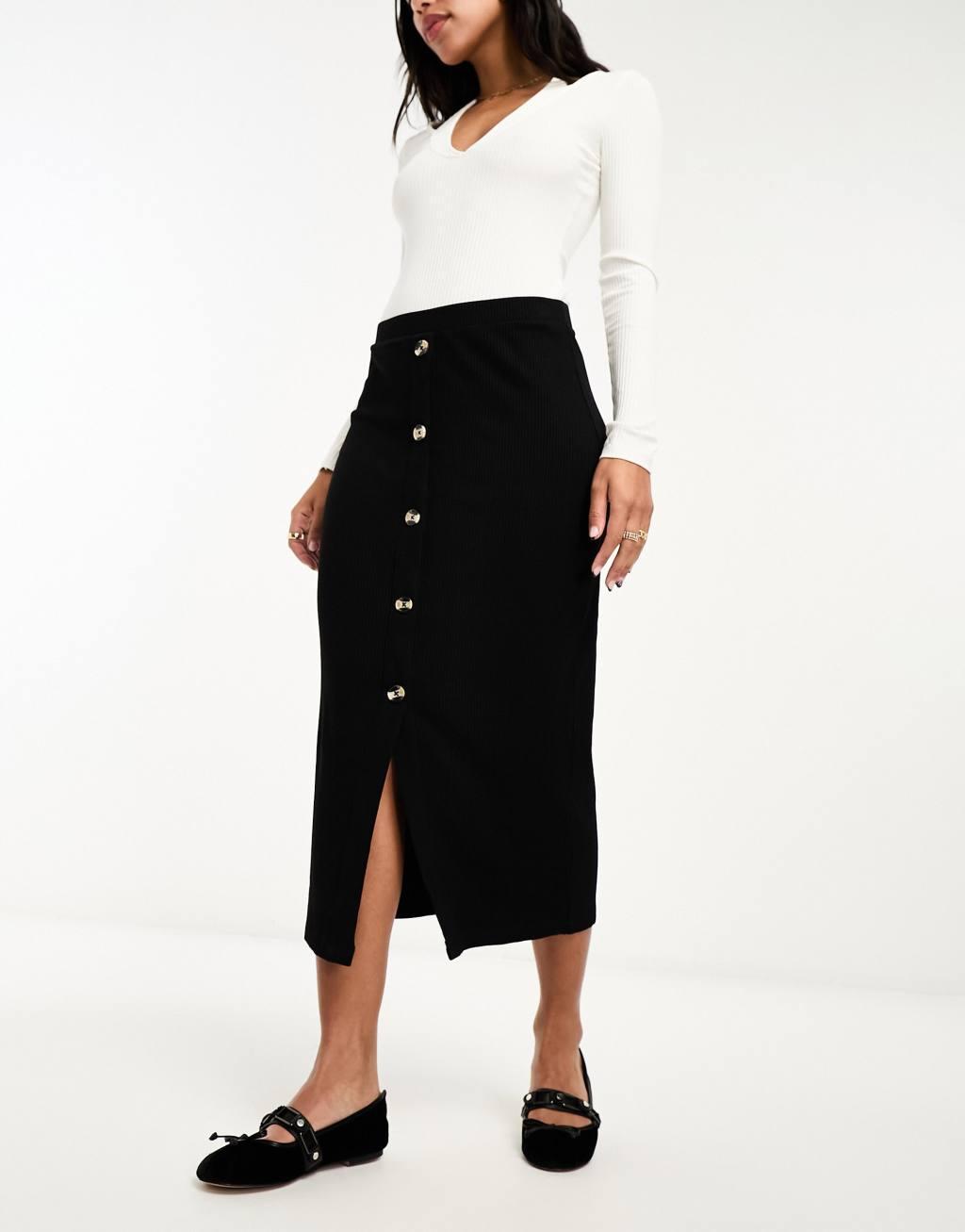 ASOS DESIGN ribbed midi skirt with horn buttons in black Product Image