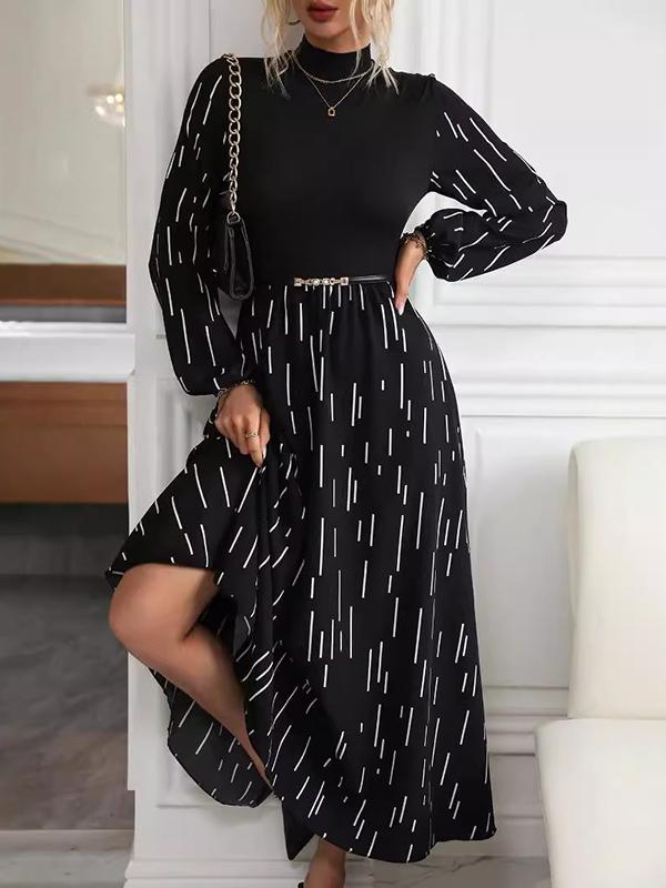 Long Sleeves Puff Sleeves Printed Split-Joint High Neck Maxi Dresses Product Image