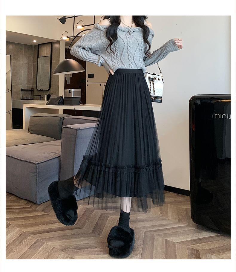 High Waist Plain Ruffle Accordion Pleated Mesh Midi A-Line Skirt Product Image