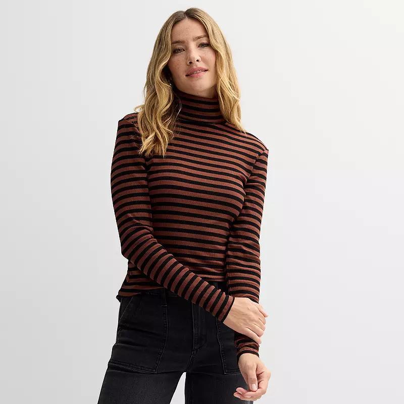 Womens Sonoma Goods For Life Ribbed Long Sleeve Turtleneck Snow Brown Stripe Product Image