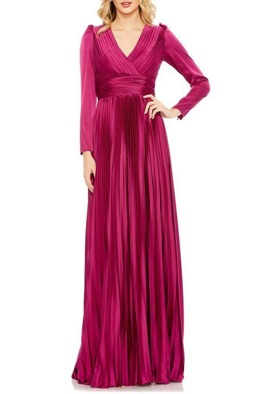 Mac Duggal Long Sleeve Pleated Chiffon A-Line Gown Product Image