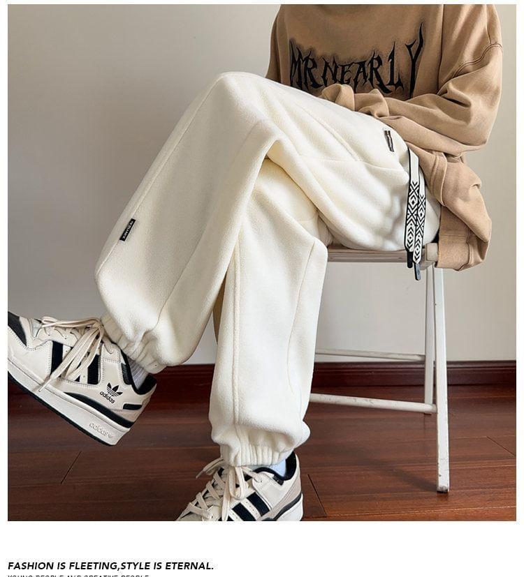 Drawstring Waist Plain Fleece Straight Leg Sweatpants Product Image