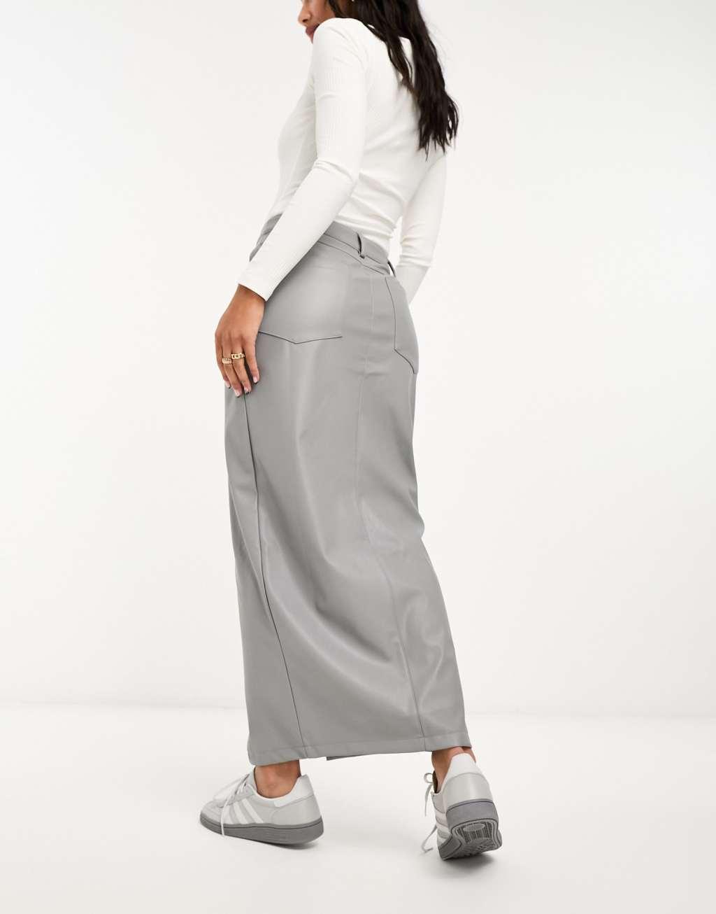 ASOS DESIGN faux leather maxi skirt with front split in silver metallic Product Image