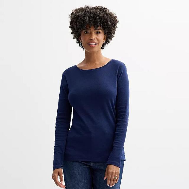 Petite Croft & Barrow Crewneck Long-Sleeve Tee, Womens Seattle Blue Product Image