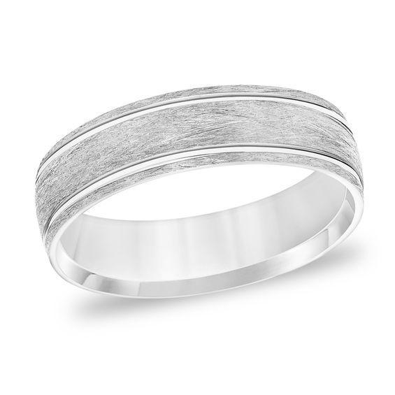 Men's 6.0mm Comfort-Fit Brushed Wire-Textured Grooved Wedding Band in 14K White Gold Product Image