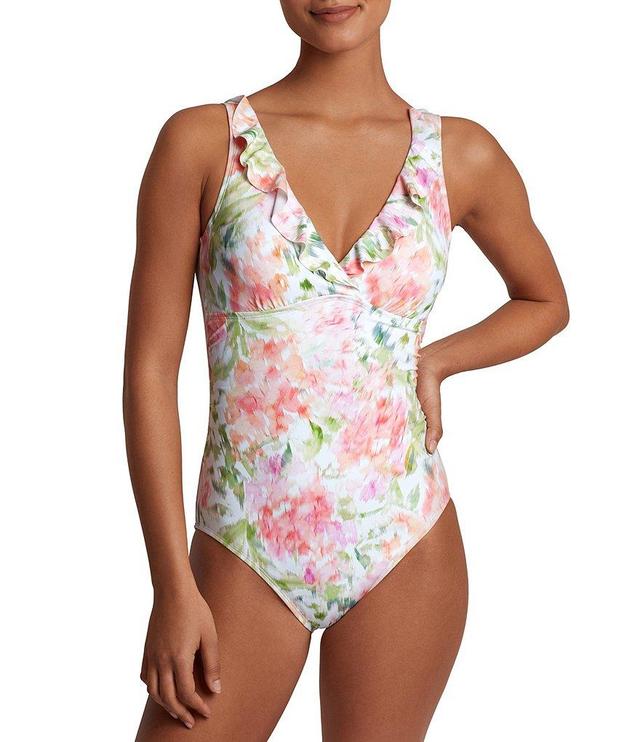 Lauren Ralph Lauren Summer Floral Print Ruffle Surplice One Piece Swimsuit Product Image