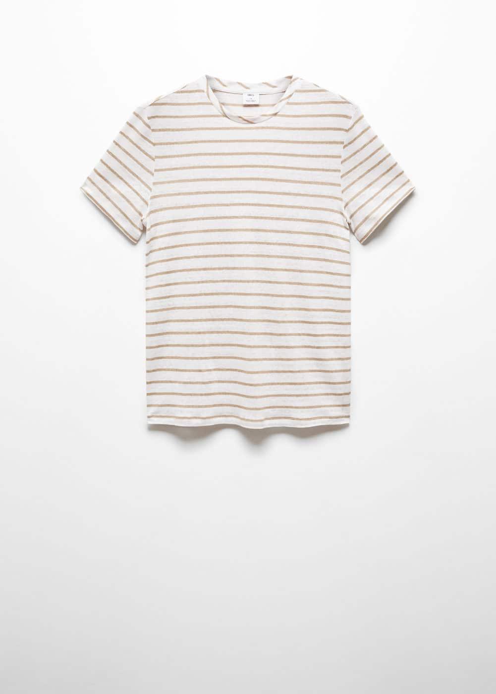 MANGO MAN - 100% linen striped t-shirt whiteMen Product Image