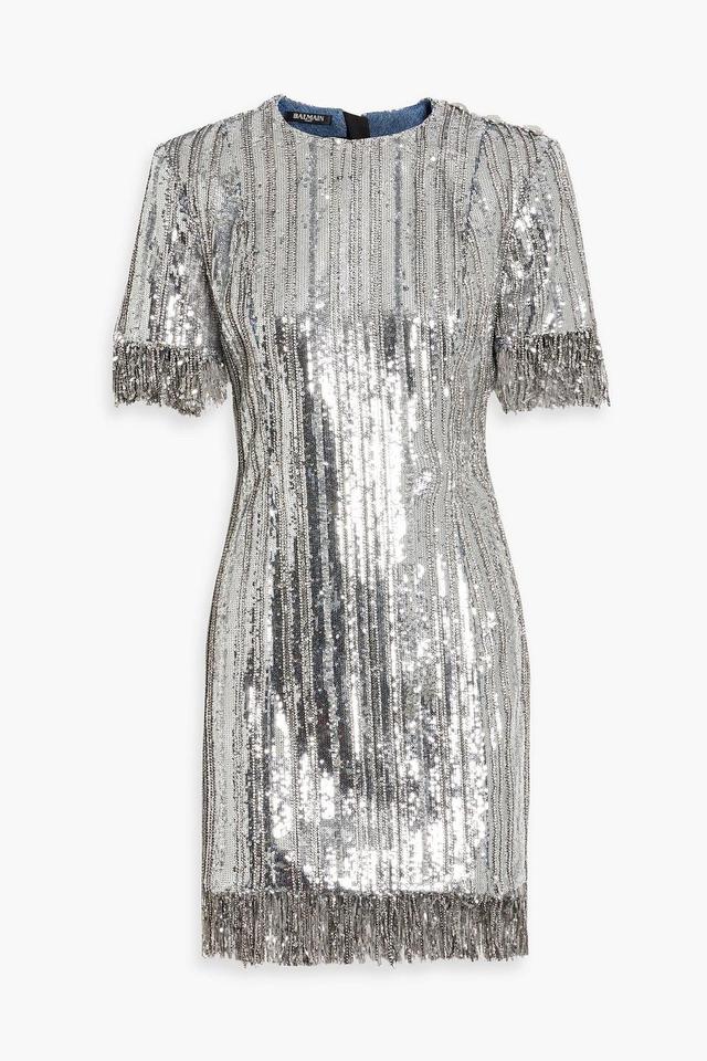 Embellished Denim Mini Dress In Silver Product Image