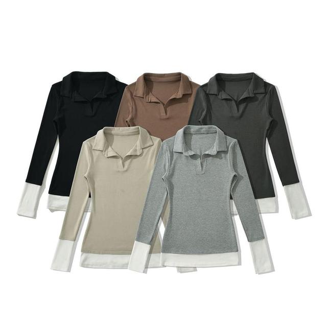 Long Sleeve Open Placket Mock Two Piece Polo Shirt Product Image