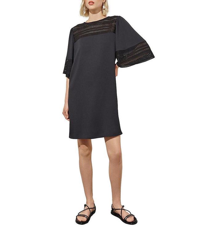 Ming Wang Mixed Media Boat Neck Elbow Bell Sleeve Shift Dress Product Image