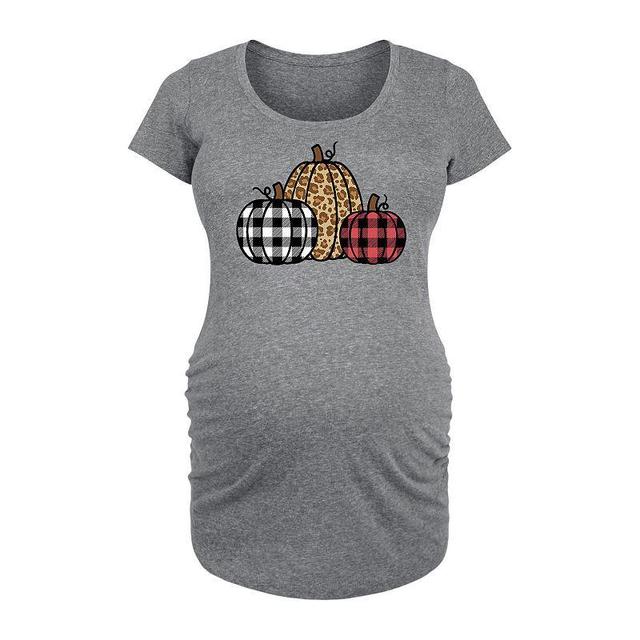 Maternity Three Plaid Patterned Pumpkins Graphic Tee, Womens Product Image