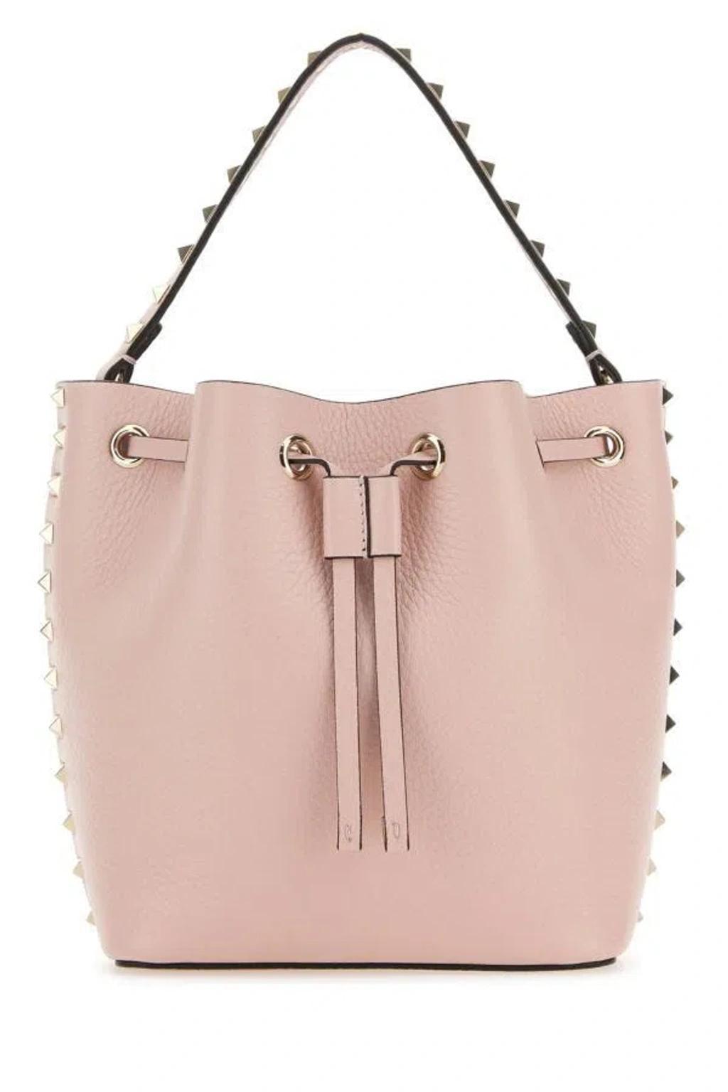 Woman Light Pink Leather Rockstud Bucket Bag Product Image