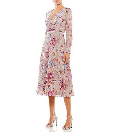 Mac Duggal Floral Print V-Neck Long Sleeve Midi Dress Product Image