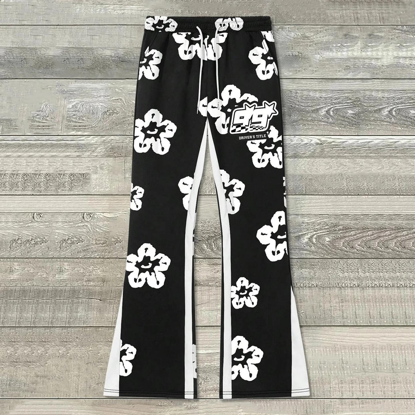 Sopula Plum Contrast Floral Print Patchwork Flared Sweats Trousers product image