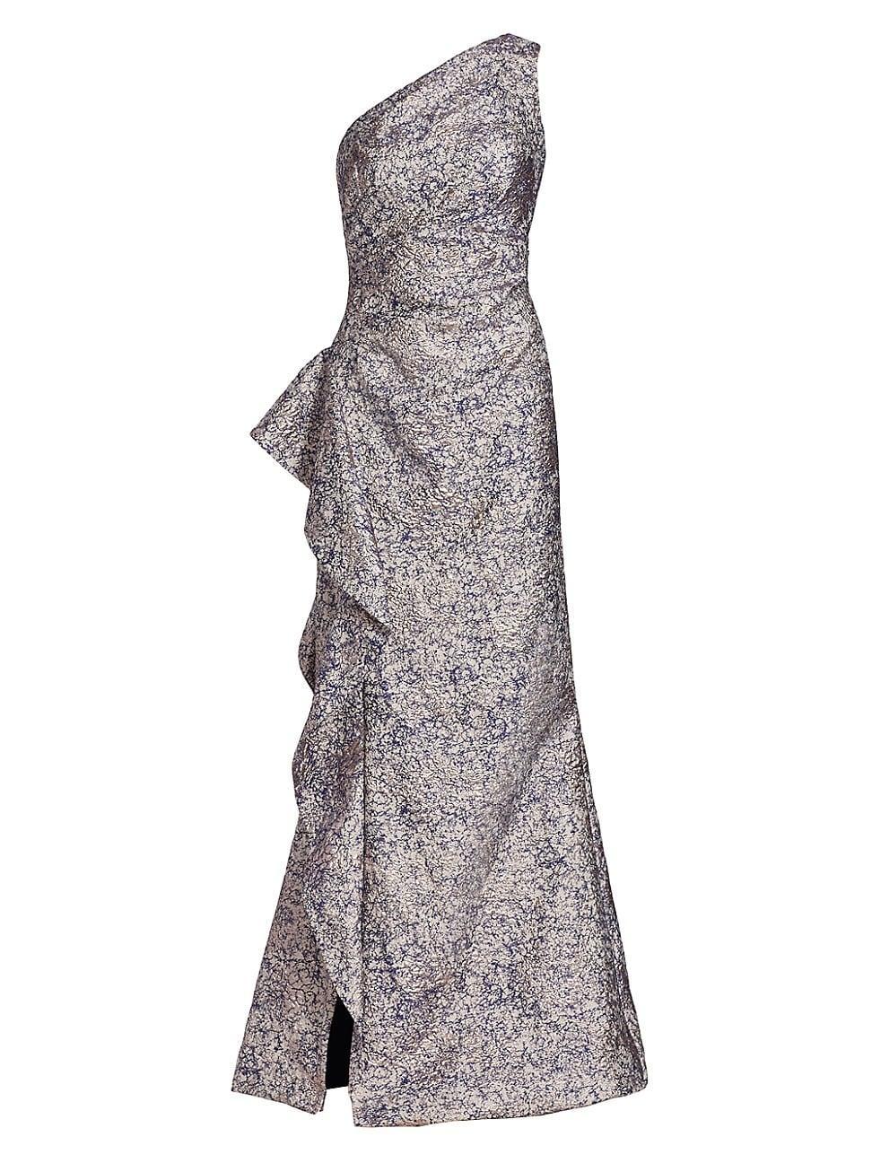 Womens Metallic Jacquard One-Shoulder Gown Product Image