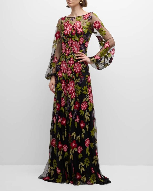 Sequined Floral Lace Long-Sleeve Gown Product Image