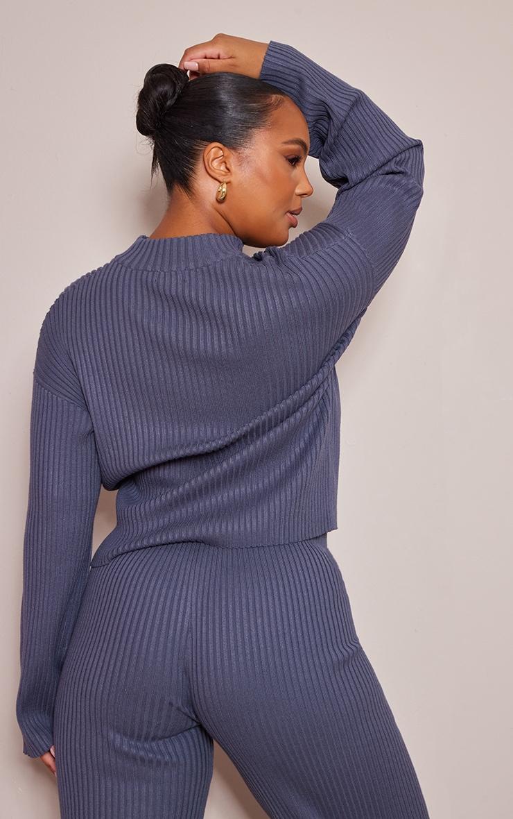 Plus Charcoal Blue Ribbed Knitted Long Sleeve Top Product Image