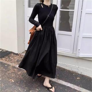 Long-Sleeve Crew Neck Plain Cutout Ruched Midi A-Line Dress Product Image