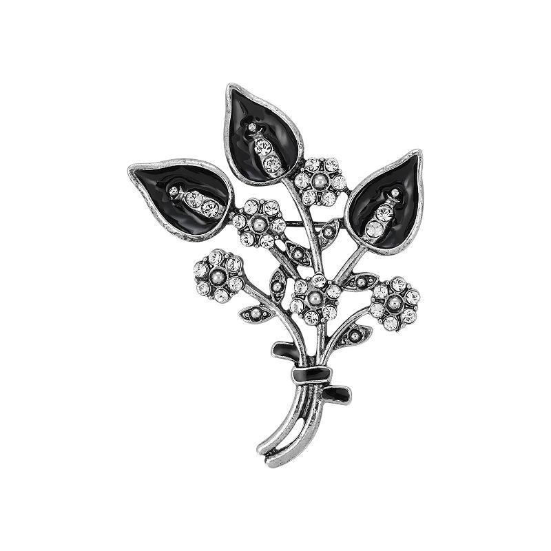 1928 Silver Tone Crystal Studded Black Enameled Floral Bouquet Pin, Womens Product Image