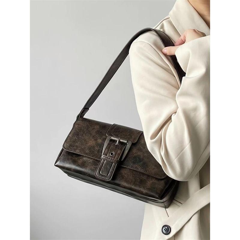 Plain Buckled Faux Leather Flap Crossbody Bag Product Image