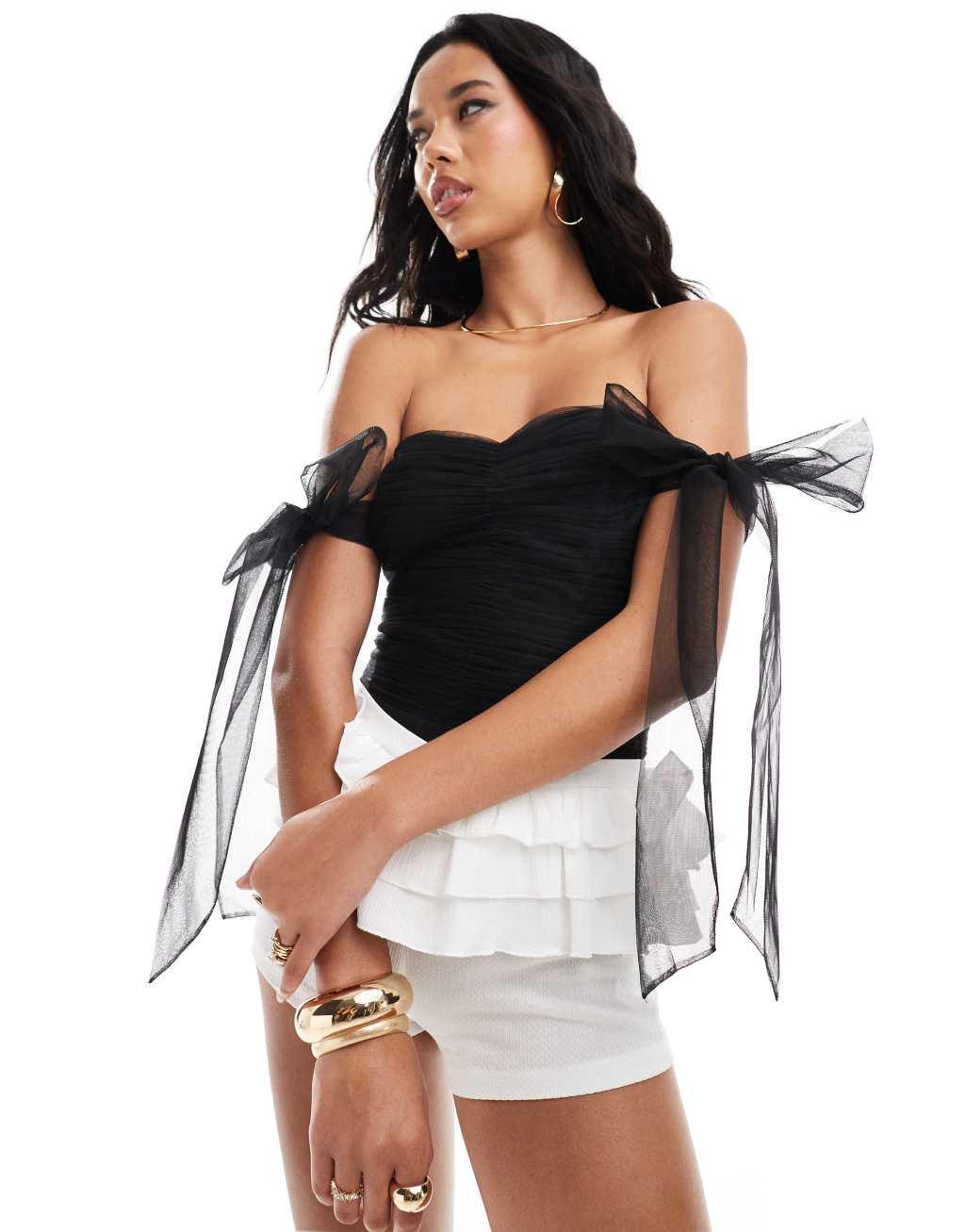 Lace & Beads off the shoulder tie sleeve ruched bodysuit in black Product Image