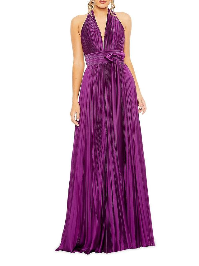 Mac Duggal Pleated Halter Neck Sleeveless Center Bow Gown Product Image