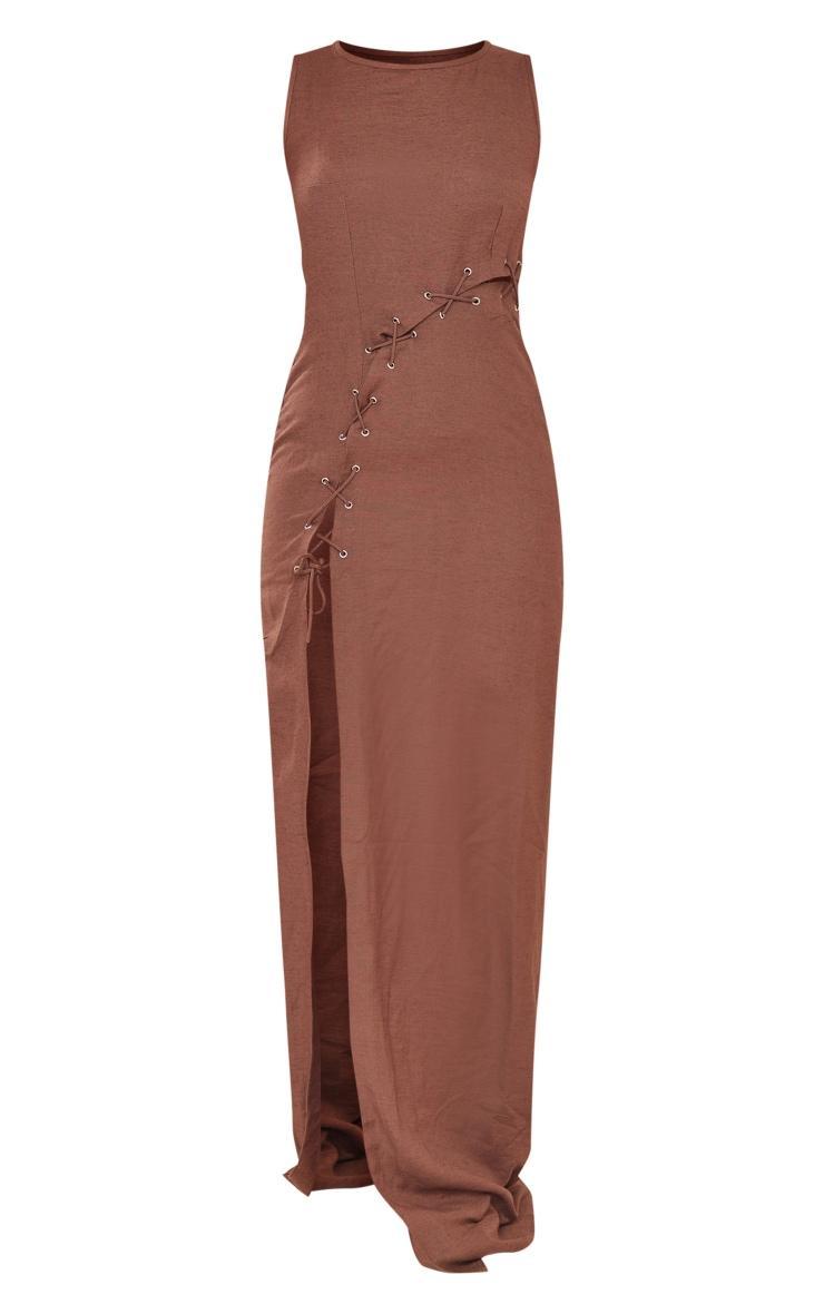 Chocolate Linen Look Lace Up Eyelet Detail Maxi Dress Product Image