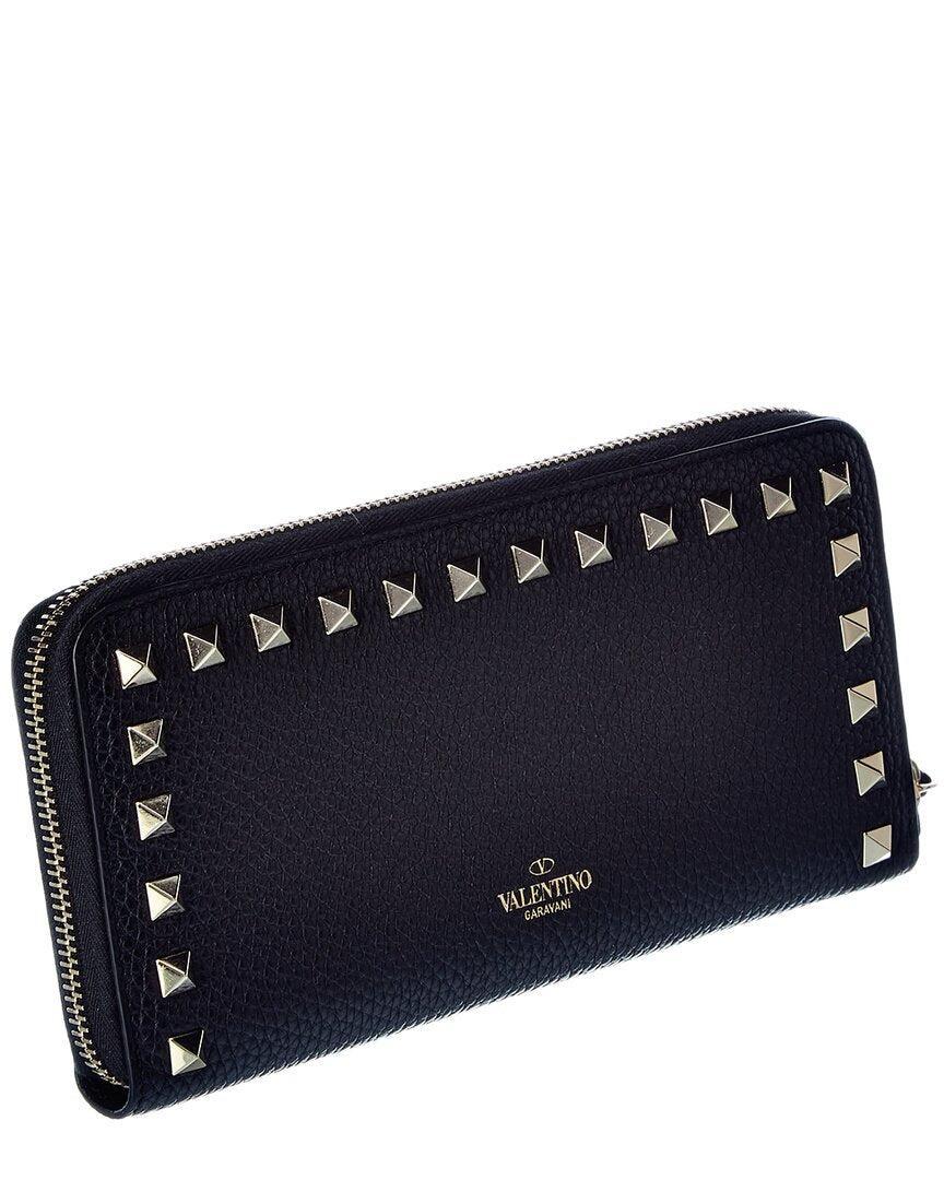 Valentino Rockstud Grainy Leather Zip Around Wallet In Blue Product Image