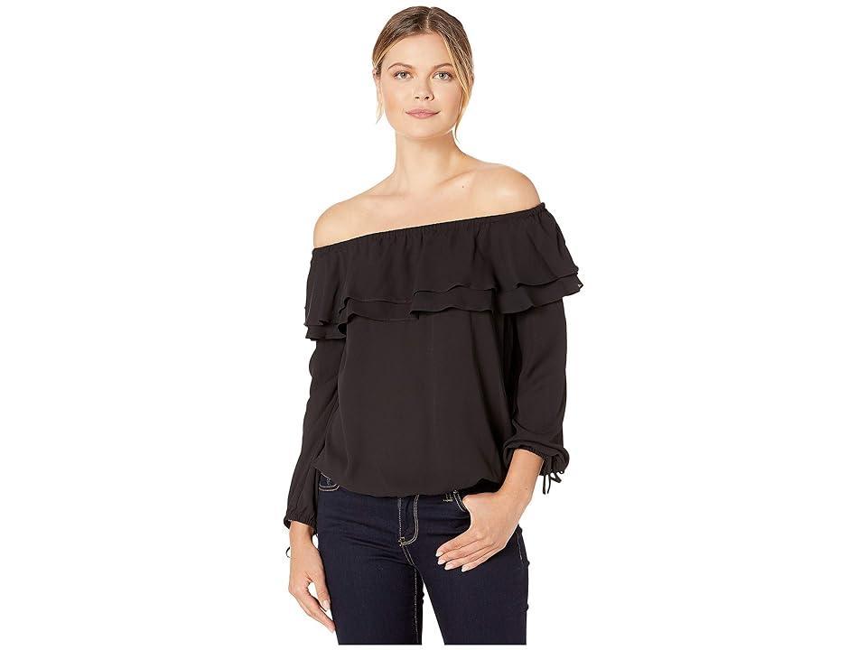 MICHAEL Michael Kors Liquid Crepe Double Layered Ruffle Off-the-Shoulder Long Sleeve Top Product Image