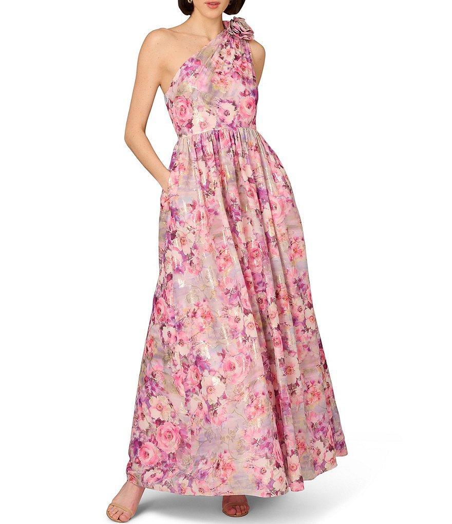 Aidan Mattox Floral Jacquard One Shoulder Sleeveless Flower Shoulder A-Line Gown Product Image