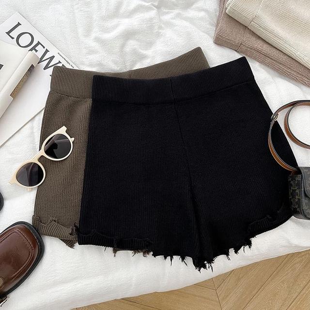 High Waist Plain Distressed Ribbed Knit Shorts Product Image