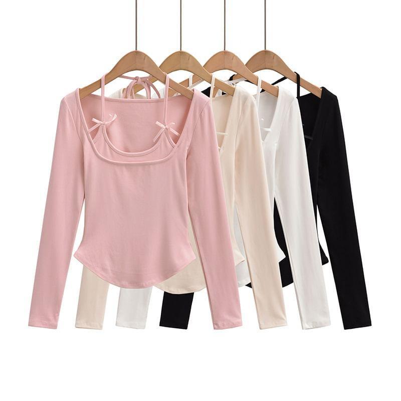 Long-Sleeve Scoop Neck Plain Mock Two Piece T-Shirt Product Image