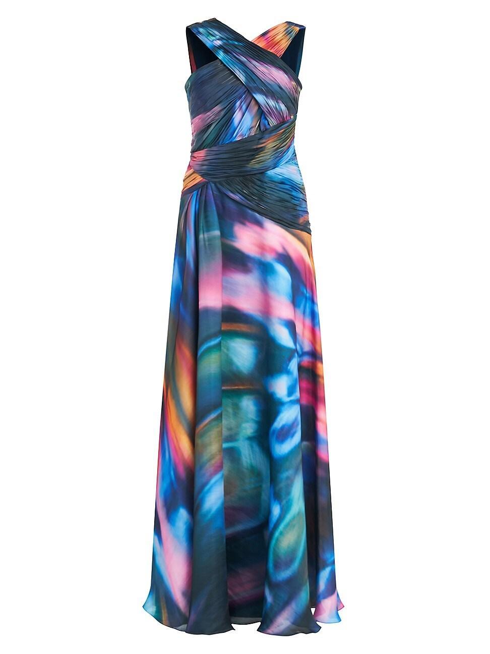 Theia Stacy Abstract Print Crossover Neck Faux Wrap Gown Product Image