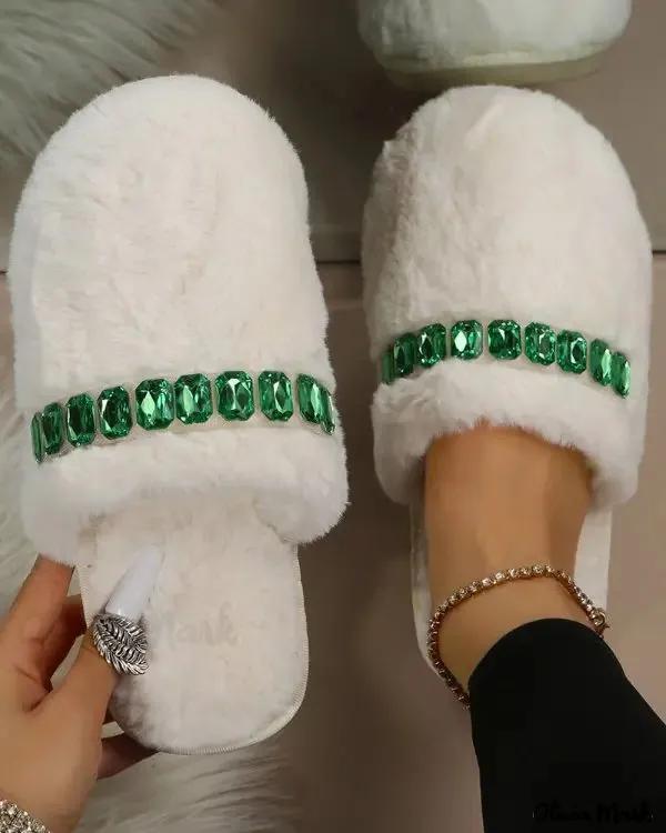 Olivia Mark – Round Toe Crystal Stone Fuzzy Slippers Product Image