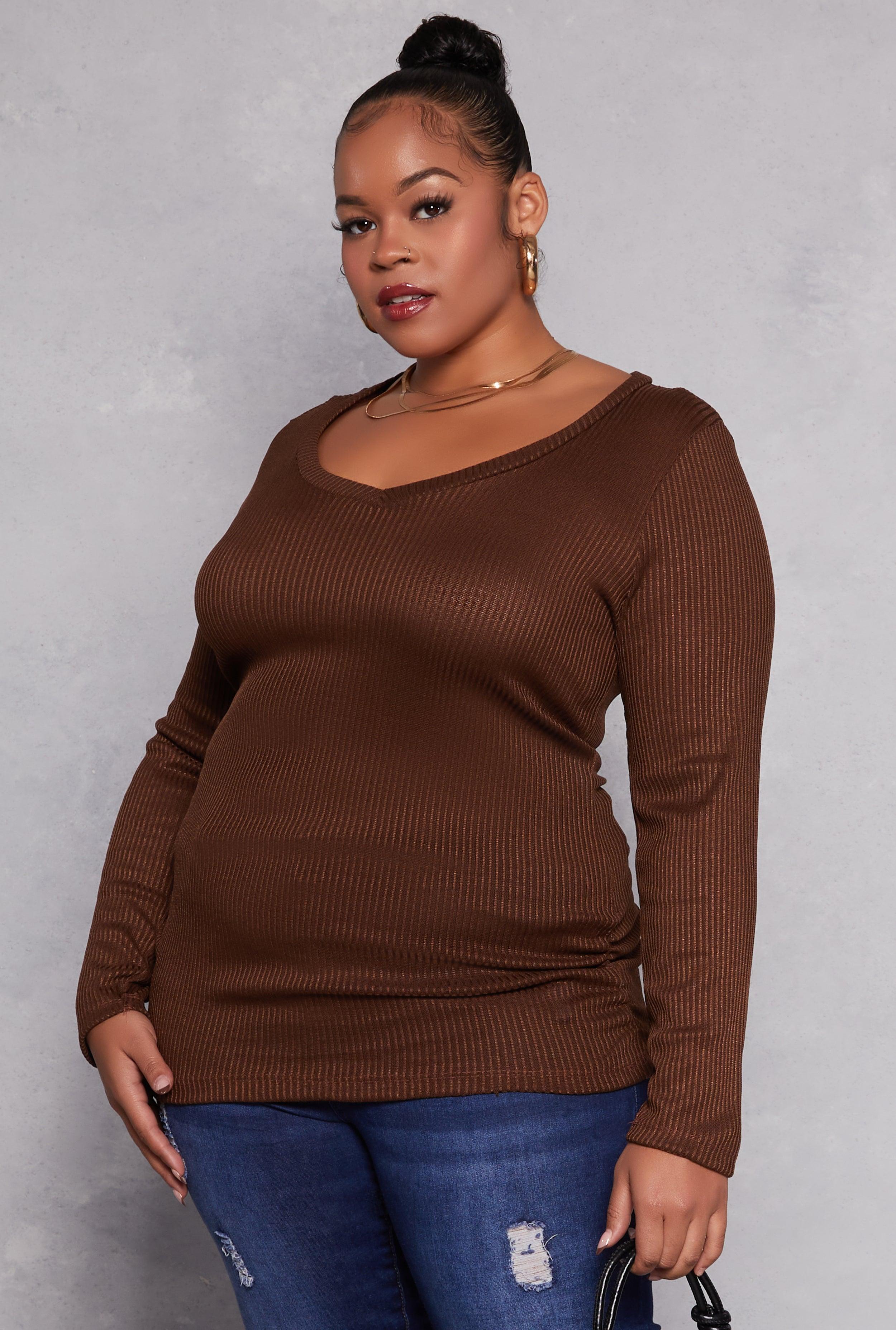 Womens Plus Size Rib Knit Ruched Side V Neck Top Product Image