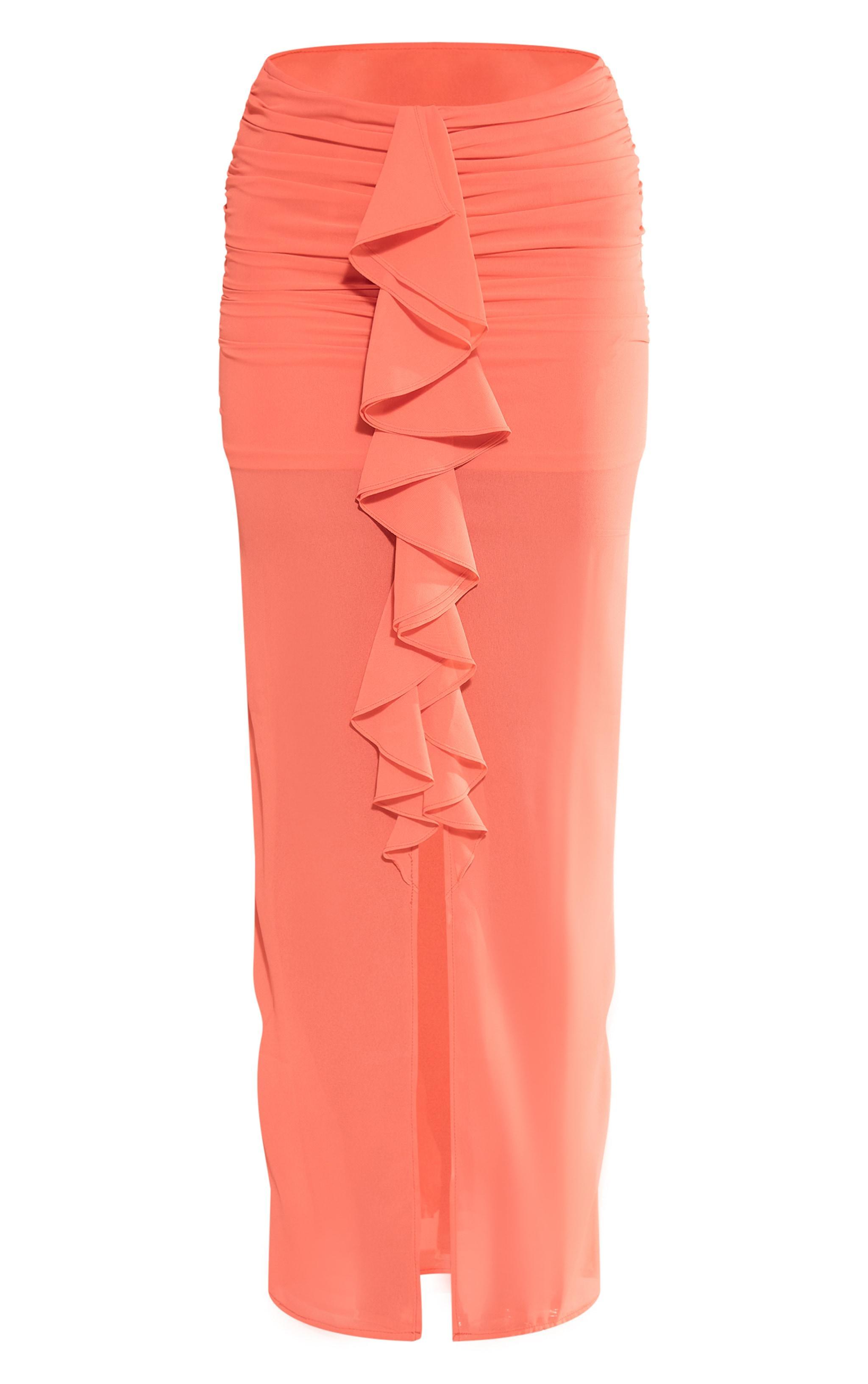 Orange Chiffon Ruffle Front Maxi Skirt Product Image