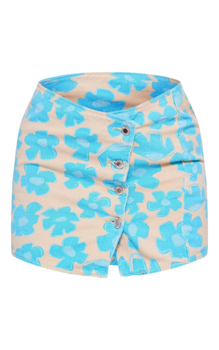  Blue Flower Printed Button Detail Denim Mini Skirt Product Image