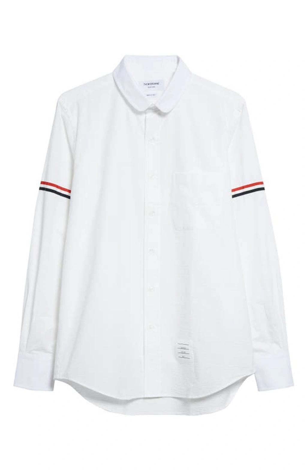 THOM BROWNE Straight Fit Stripe Trim Cotton Seersucker Button-up Shirt In White Product Image