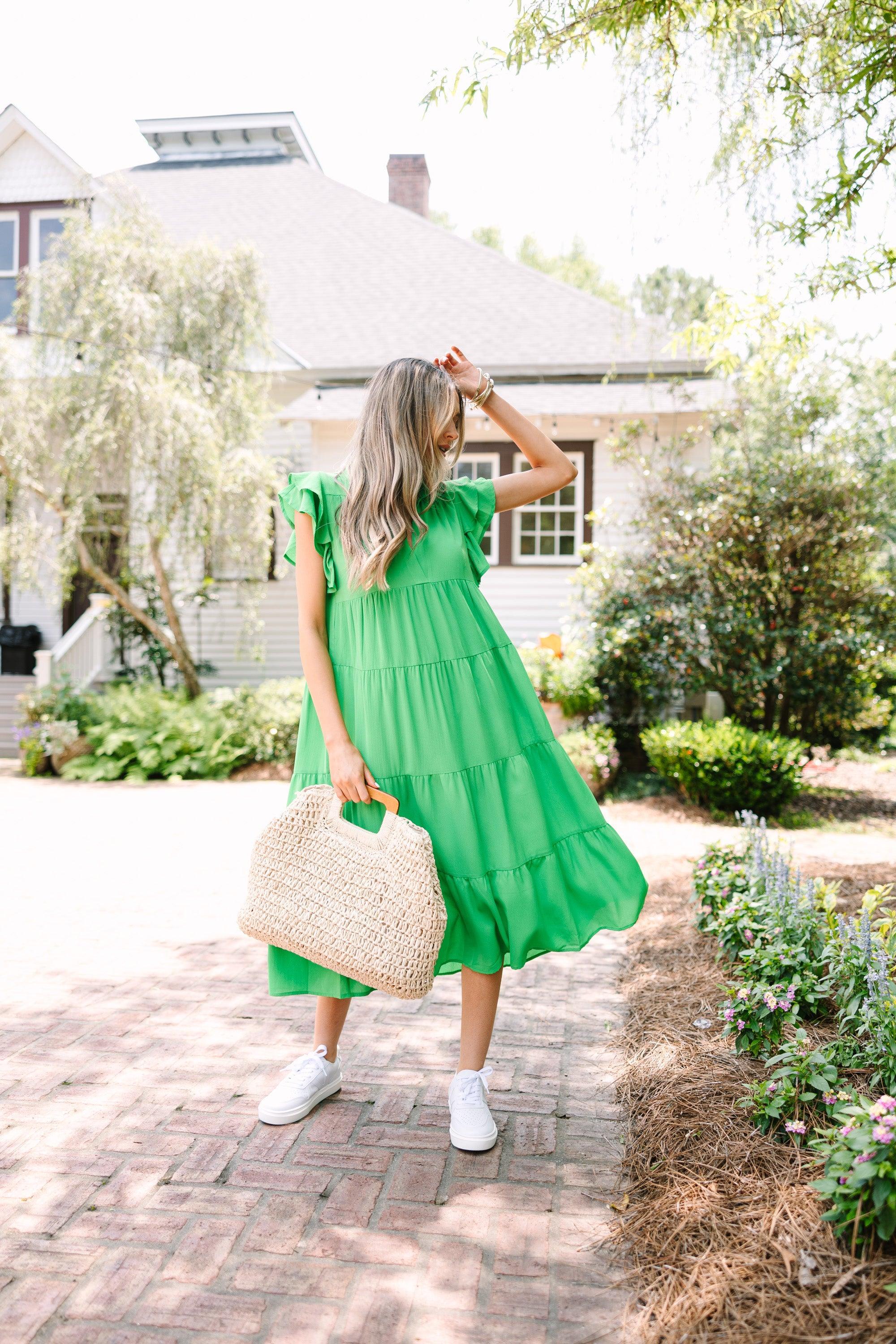 Look You Up Green Ruffled Midi Dress Female Product Image