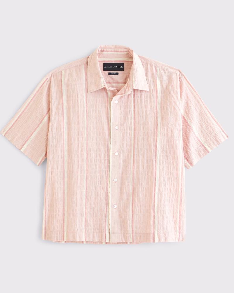 Short-Sleeve Cropped Textured Button-Up Shirt Product Image