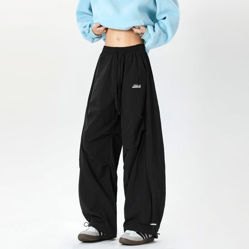 Drawstring Waist Plain Ruched Wide Leg Cargo Pants Product Image