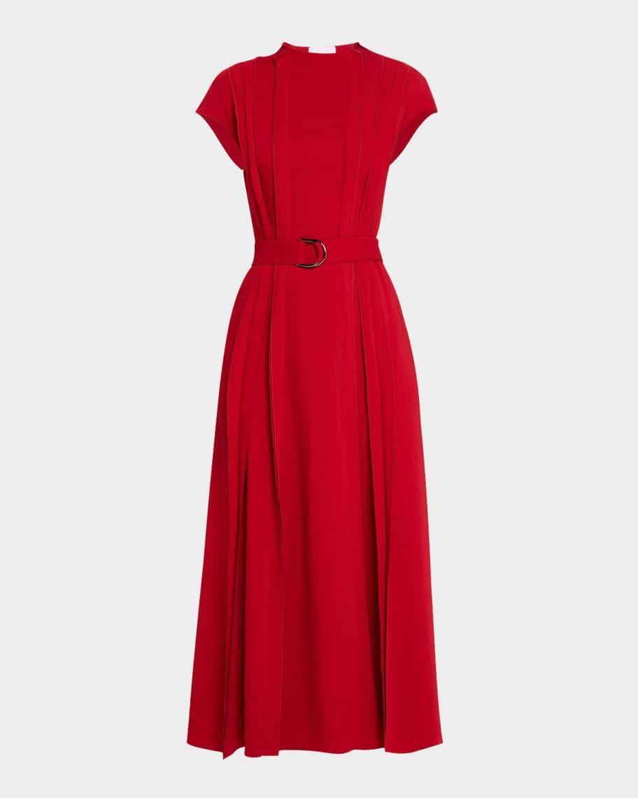 Belted Cap-Sleeve Pintuck Midi Dress Product Image