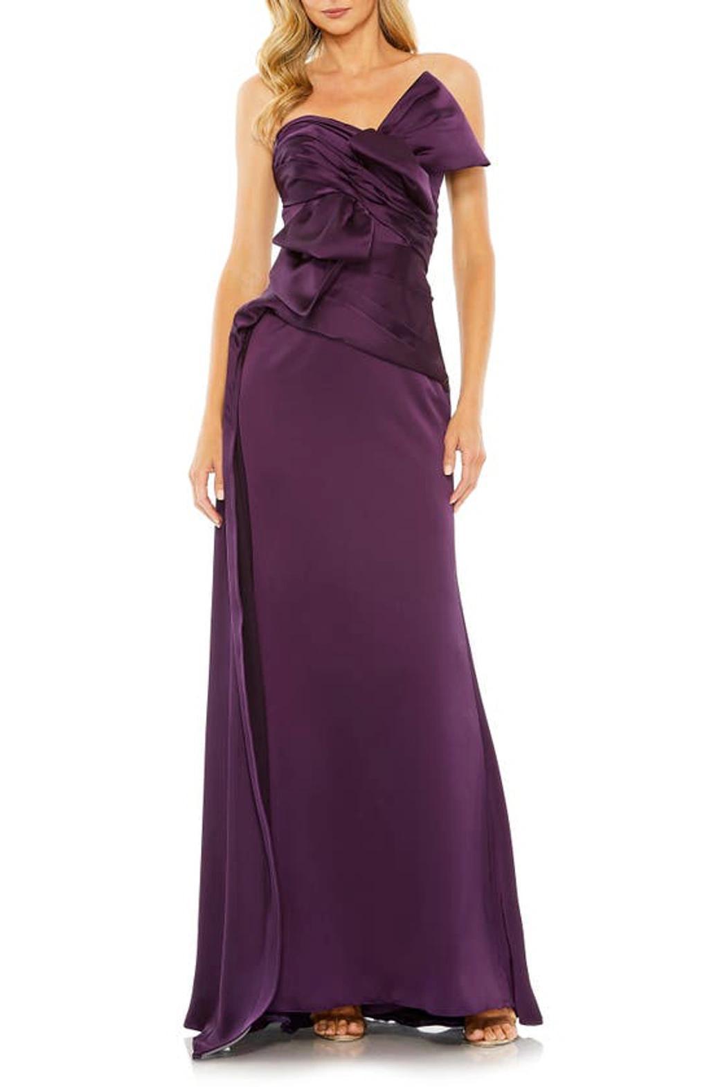 Bow Front Strapless Satin Gown In Aubergine Product Image