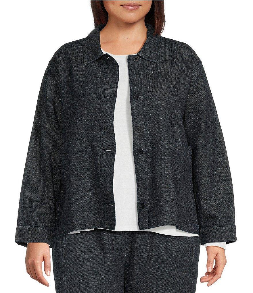 Eileen Fisher Plus Size Tweedy Hemp Organic Cotton Point Collar Long Sleeve Pocketed Jacket Product Image