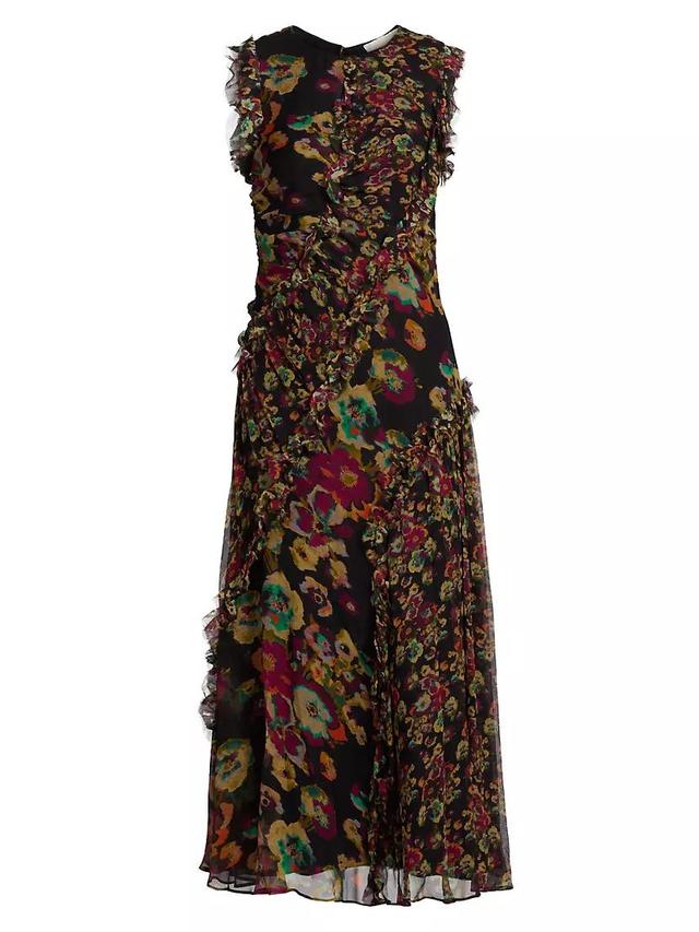 Avrelie Floral Silk Ruffled Midi-Dress Product Image