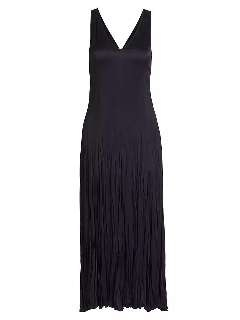 Satin Pleated V-Neck Midi Dress Product Image