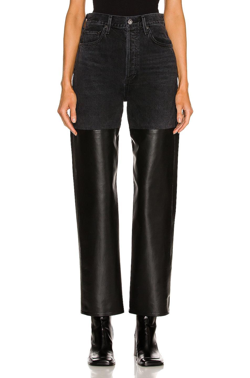 AGOLDE Pieced 90's Pinch Waist Jean in Howl & Detox Recycled Leather - Black. Size 23 (also in ). Product Image